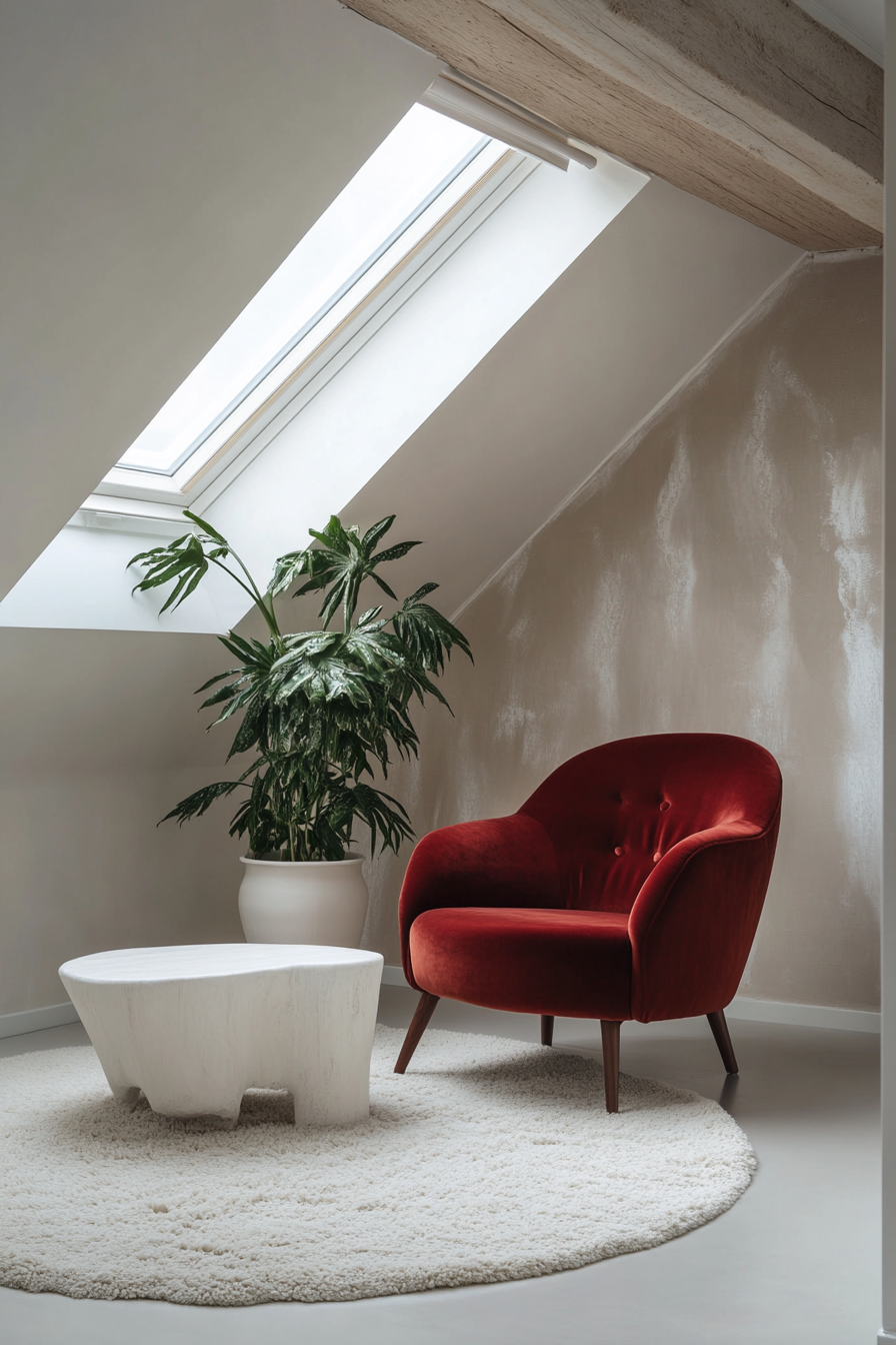 Scandinavian space. Red velvet armchair under skylight displaying cedar coffee table and white trimmings during northern lights.