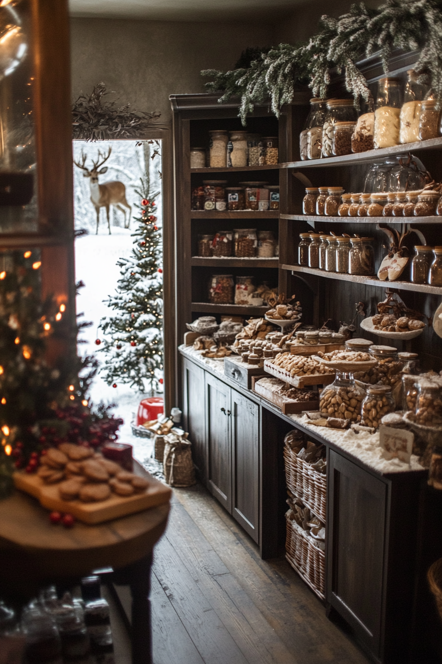 Wide angle holiday baking haven. Multiple cookie stations, spice storage, snowy meadow with observing deer.