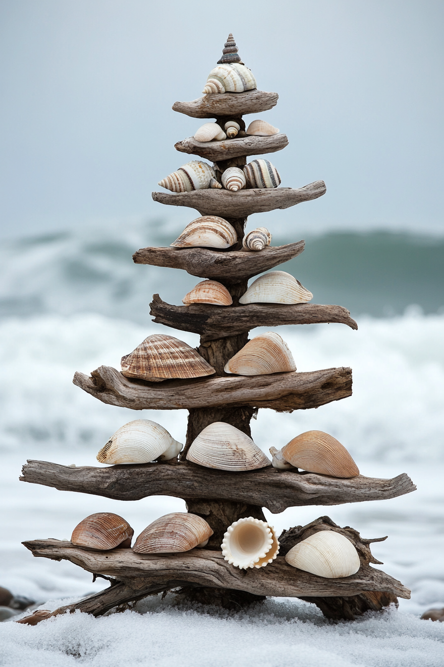 Holiday decor. Driftwood tree adorned with shell ornaments against backdrop of white winter waves.