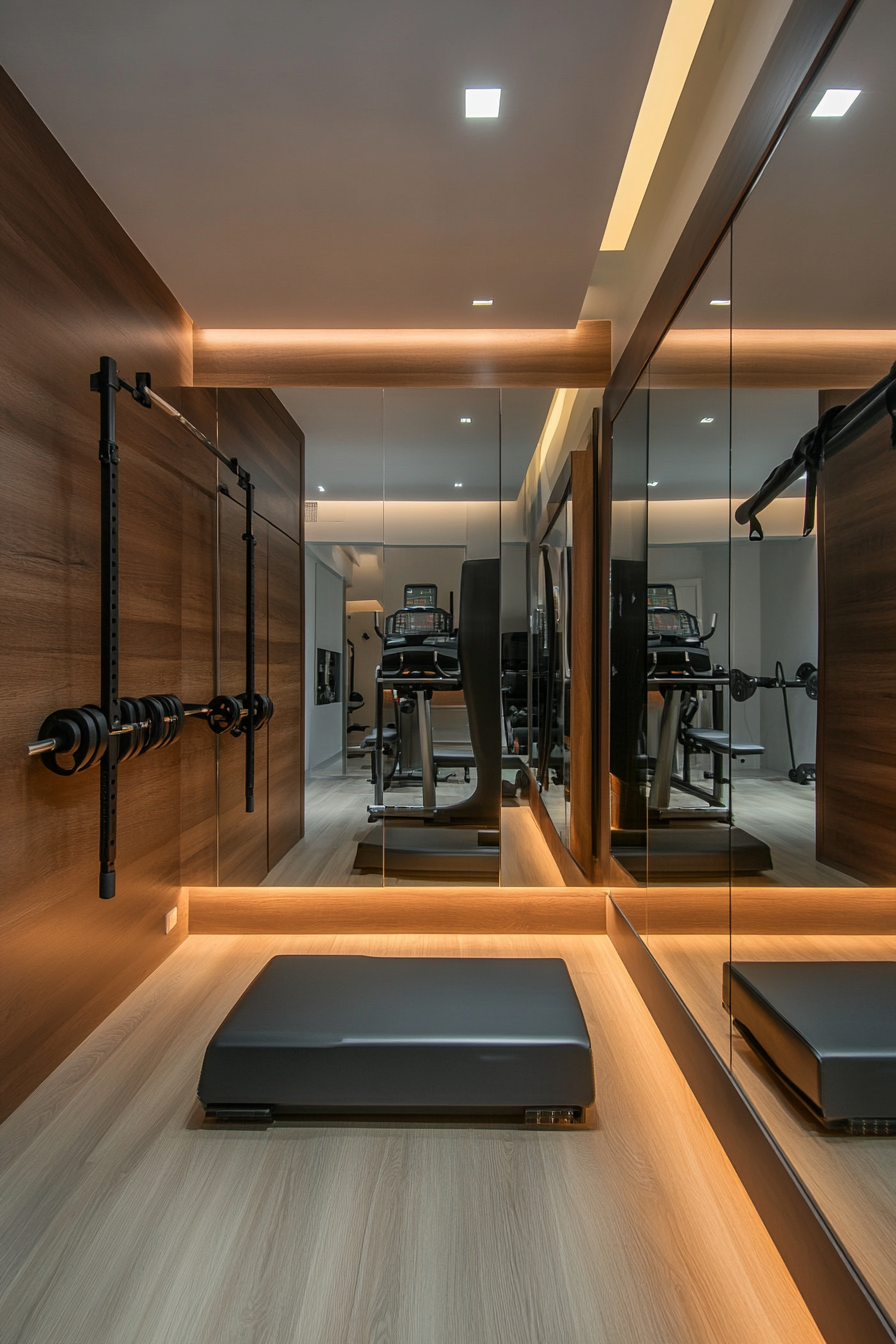 Contemporary tiny gym. Mirror wall with embedded LED lighting, wall-mounted pull up bar.