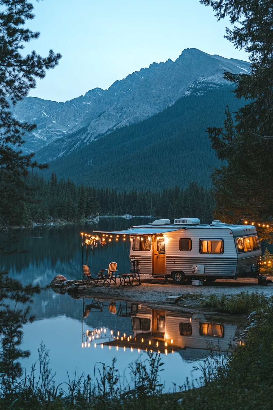 Wide view. Retro RV, metal gliders, string lights, adjacent crystal-clear mountain lake.