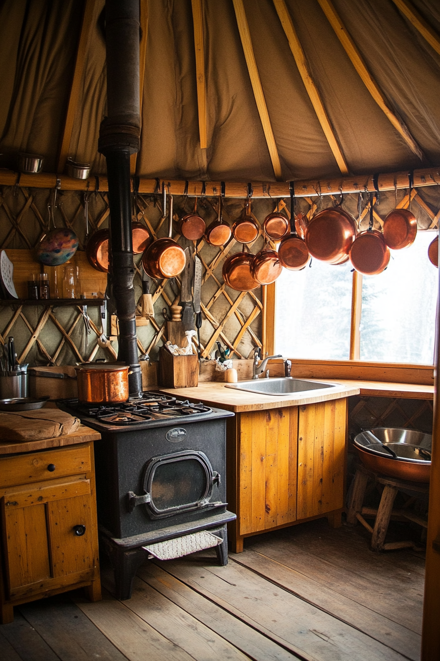 Alpine-style yurt kitchen with a cast-iron wood stove and hanging copper pots.