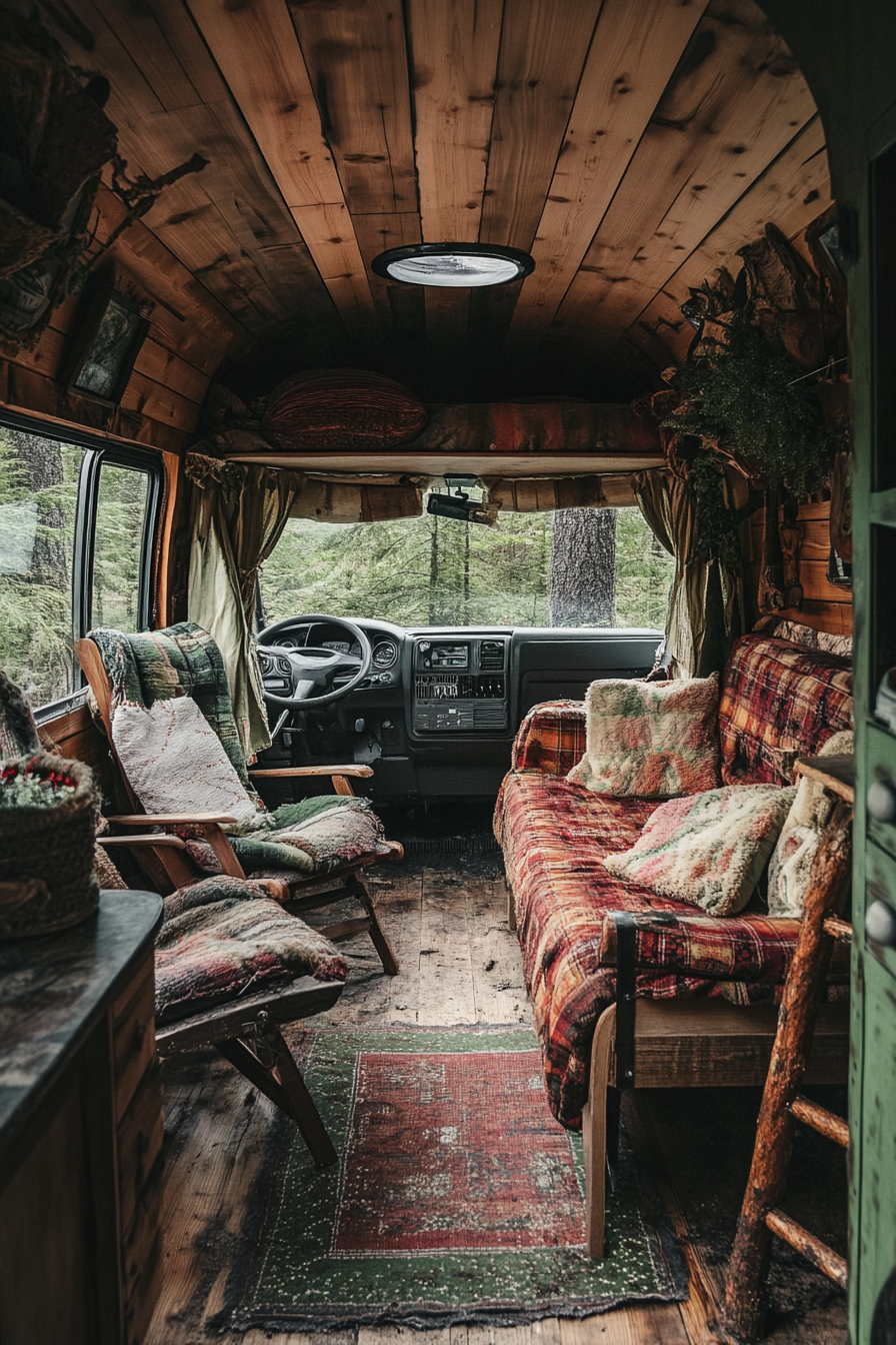 Woodland van lounge. Pine paneled interior, forest panorama, old-fashioned camp chairs.