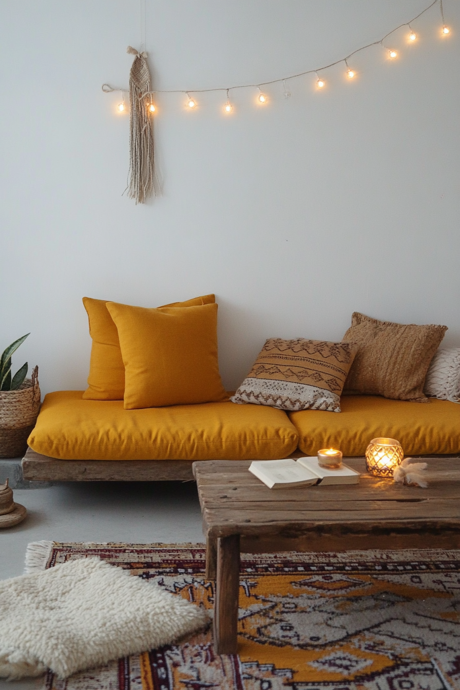 Desert-Boho corner. Mustard yellow cushions, string book light, rustic wood table, southwest textile rugs.