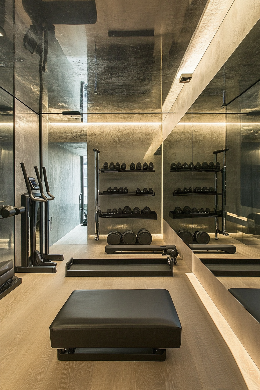 Contemporary tiny gym. Mirror wall, floating shelves, cushioned workout spot.