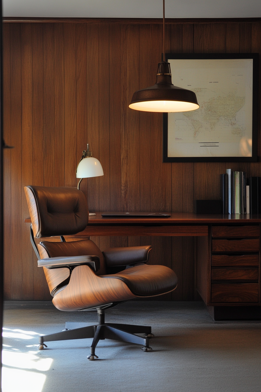 Wide angle mobile workspace. Walnut paneling, vintage Eames chair, harsh overhead lighting.