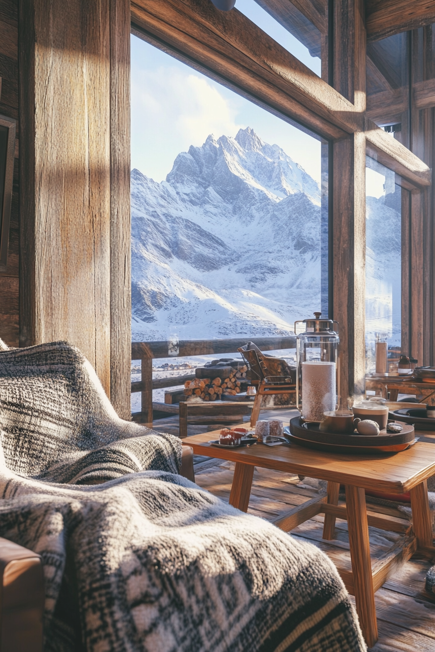 Ski lodge interior. Woolen blankets draped over wooden furniture near hot cocoa station, snow peaks visible.