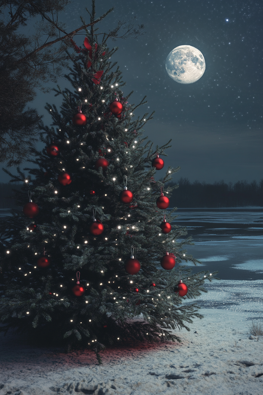 Retro holiday interior. Green aluminum tree with red ornaments by moonlit frozen lake.