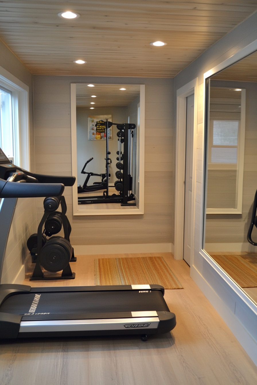 Contemporary tiny gym. Mirrored wall, treadmill, free weights, built-in storage cabinets.