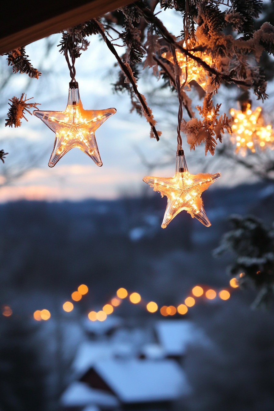 Wide angle Christmas décor. Silhouetted by frosty valley, star-snaked white strings of lights.