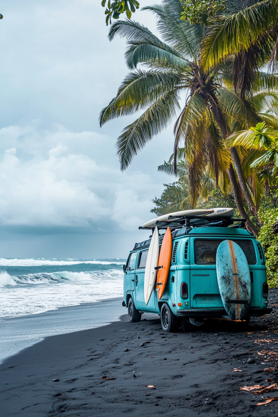 Wide-angle view. Blue van with surfboard racks and outdoor shower on black sand beach.