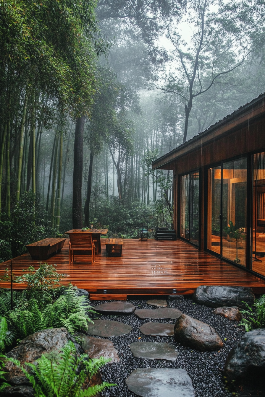 Wide angle view. Minimalist tiny house deck, misty bamboo forest, bamboo screens, rock garden elements.