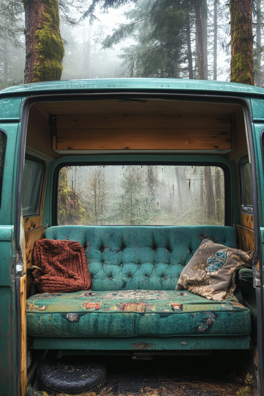 Woodland-style van lounge. Teal camper van with pine-panelled interior and panoramic window.