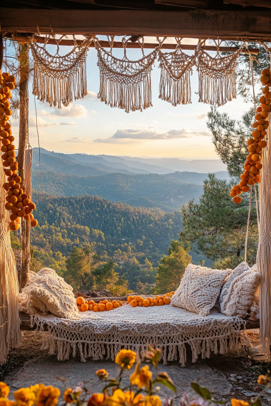 Holiday space. Macrame stockings, dried orange garlands and mountain sunset view in wide angle.