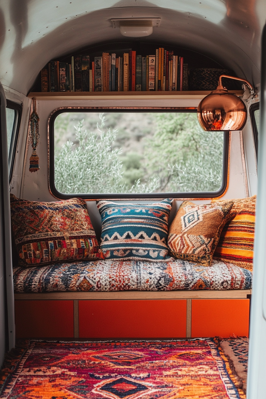 Desert-Boho reading corner. Southwest textile cushions, copper book-light, on camper floor.