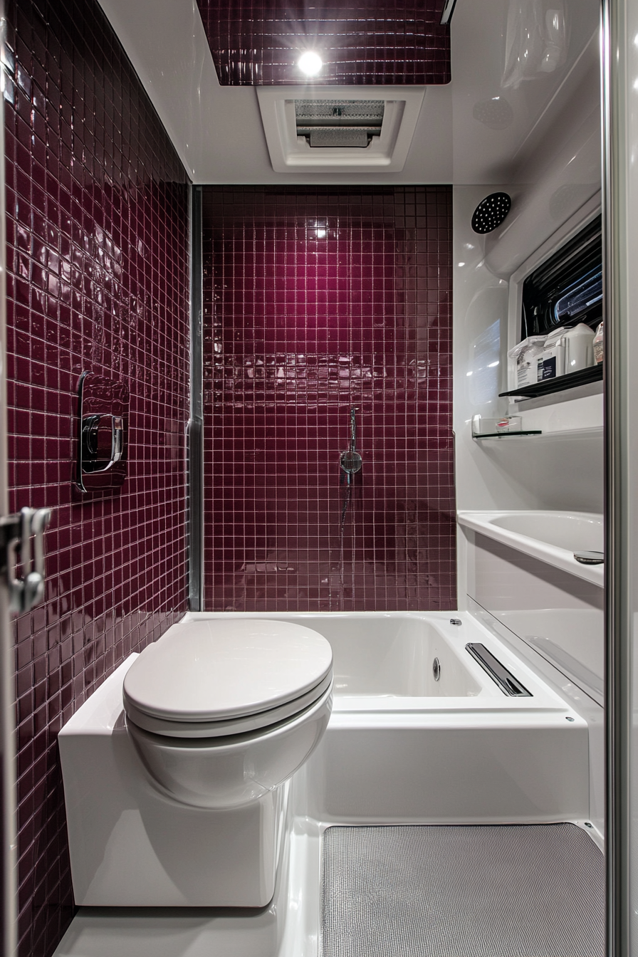 Contemporary camper bathroom. Smart toilet, rainfall shower, hidden storage, burgundy tiles.