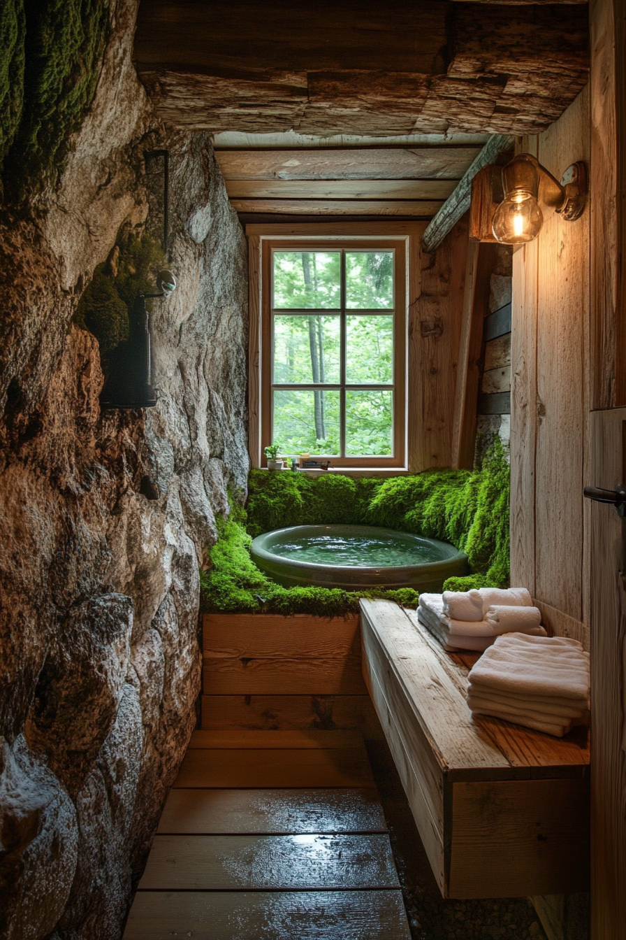 Tiny bathhouse. Cedar soaking tub amid a moss-covered stone wall.