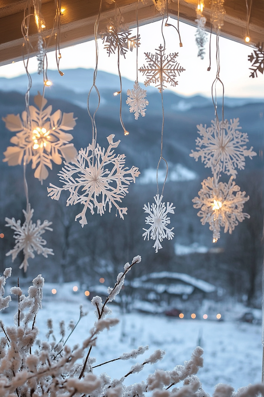 Modern Christmas décor overlooks a frost-covered valley, with white lights and paper snowflakes.