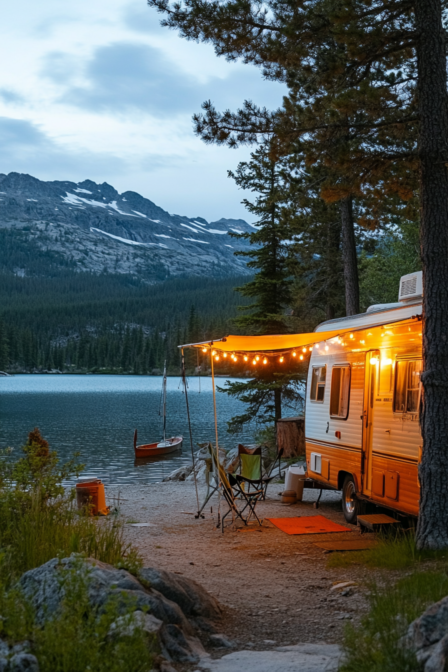 Wide angle view. Retro RV entrance, metal gliders and string light beside crystal-clear mountain lake.