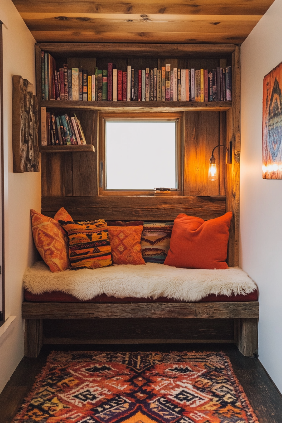 Desert-Boho reading corner. Weathered wood bookshelves, terracotta cushions, southwestern rug, battery-operated amber book light.