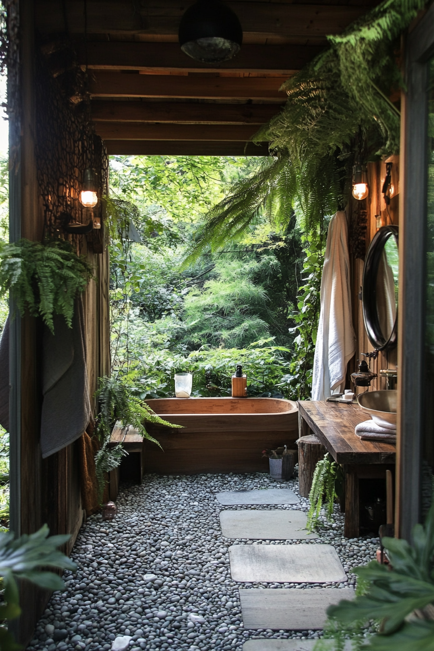 Tiny bathhouse. Maple soaking tub surrounded by stone pebble floor, draped hanging ferns.