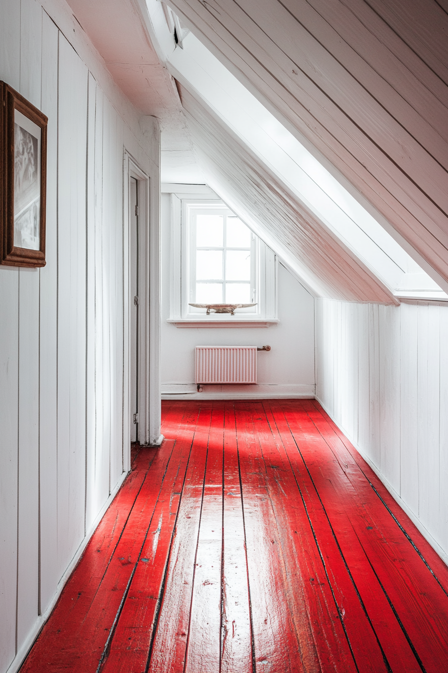 Scandinavian-inspired space. Wide angle view, red wooden floor, white walls, northern lights through skylight.