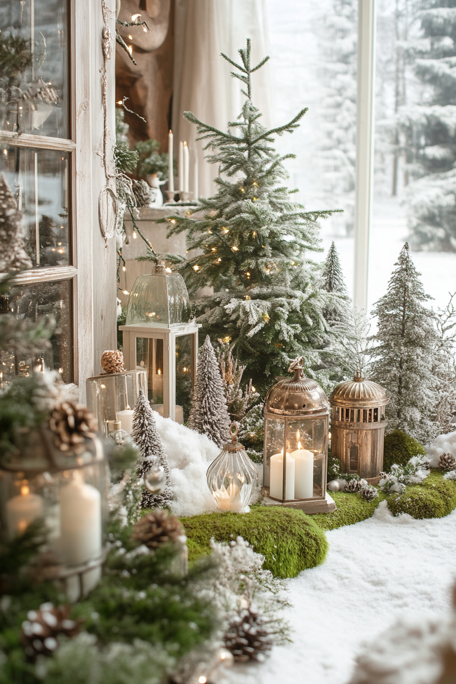 Wide-angle holiday space. Woodland decorations, moss details, snowy pines around.