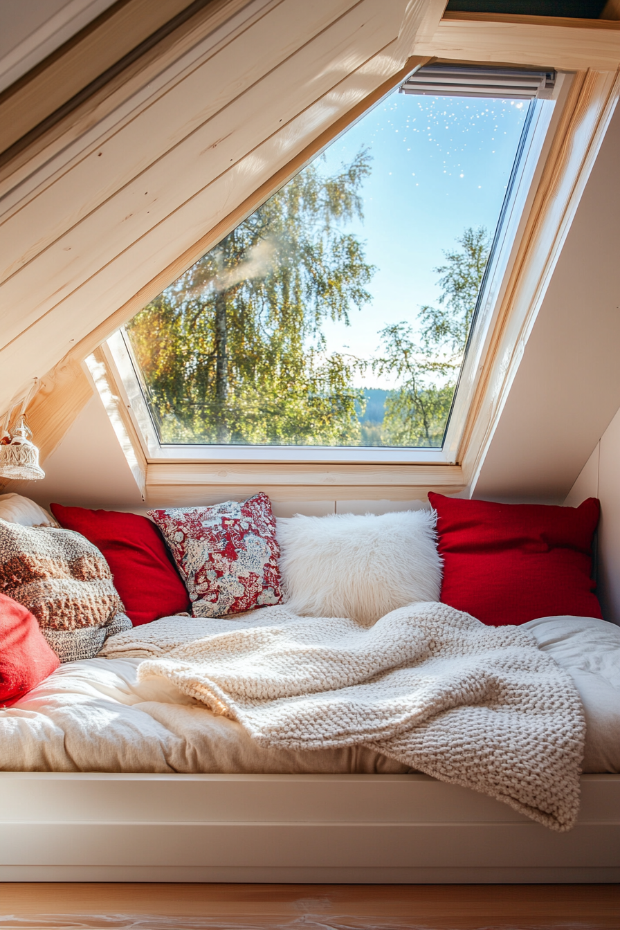 Scandinavian-inspired space. Red cushions, white throw blankets, skylight reveals northern lights.