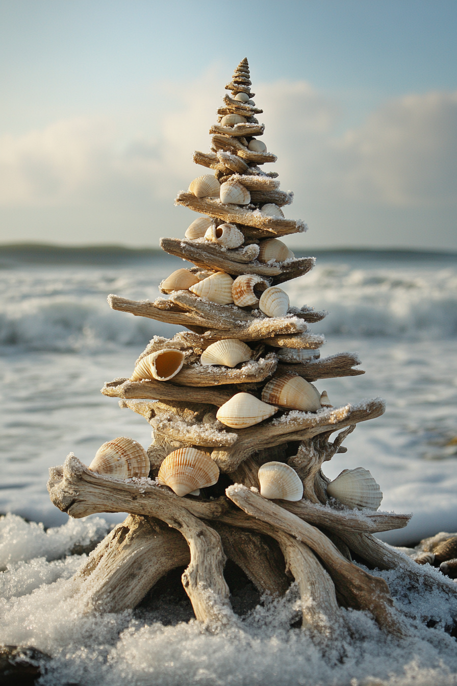 Holiday decor. Driftwood tree adorned with shell ornaments overlooking frost-touched ocean waves.