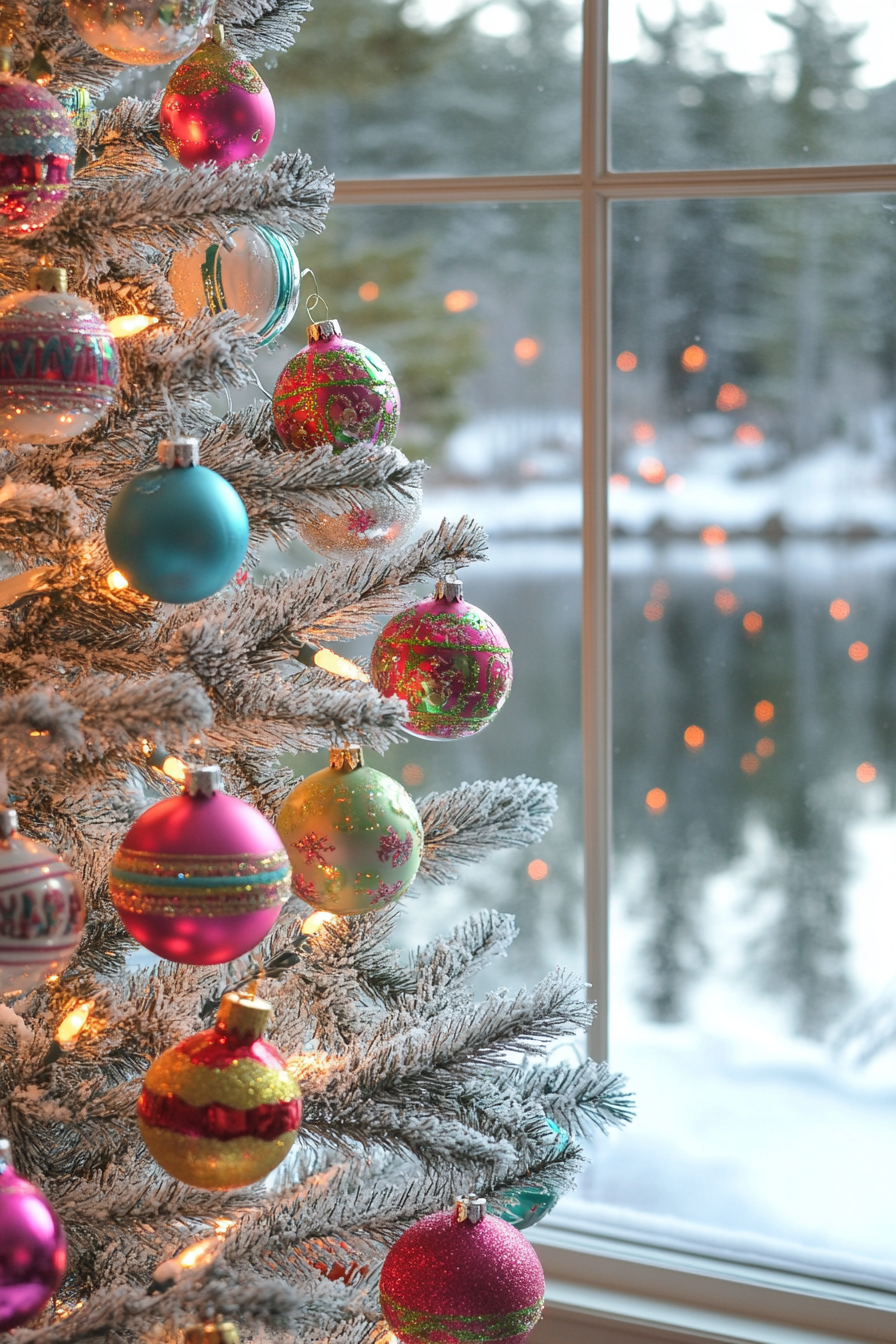 Retro holiday interior. Aluminum tree buffered by vibrant classic ornaments, set near a frost-kissed lake.