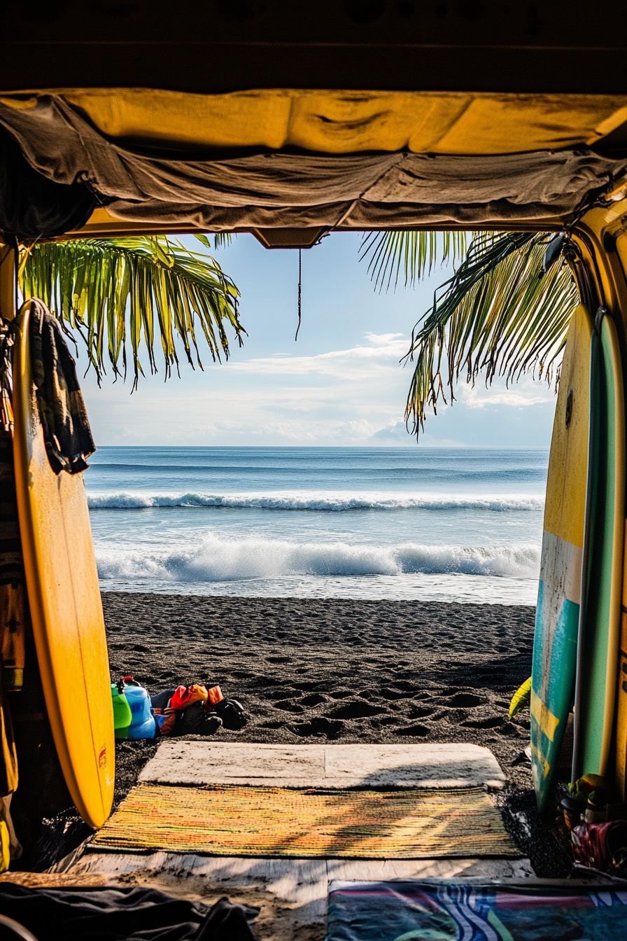 Wide angle beach view. Van, surfboard racks, outdoor shower, black sand, perfect waves.