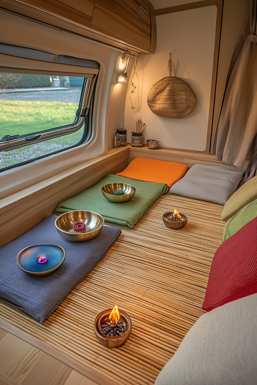 Zen-style van meditation room. Bamboo mat with colored chakra singing bowls and ember-incense holder.