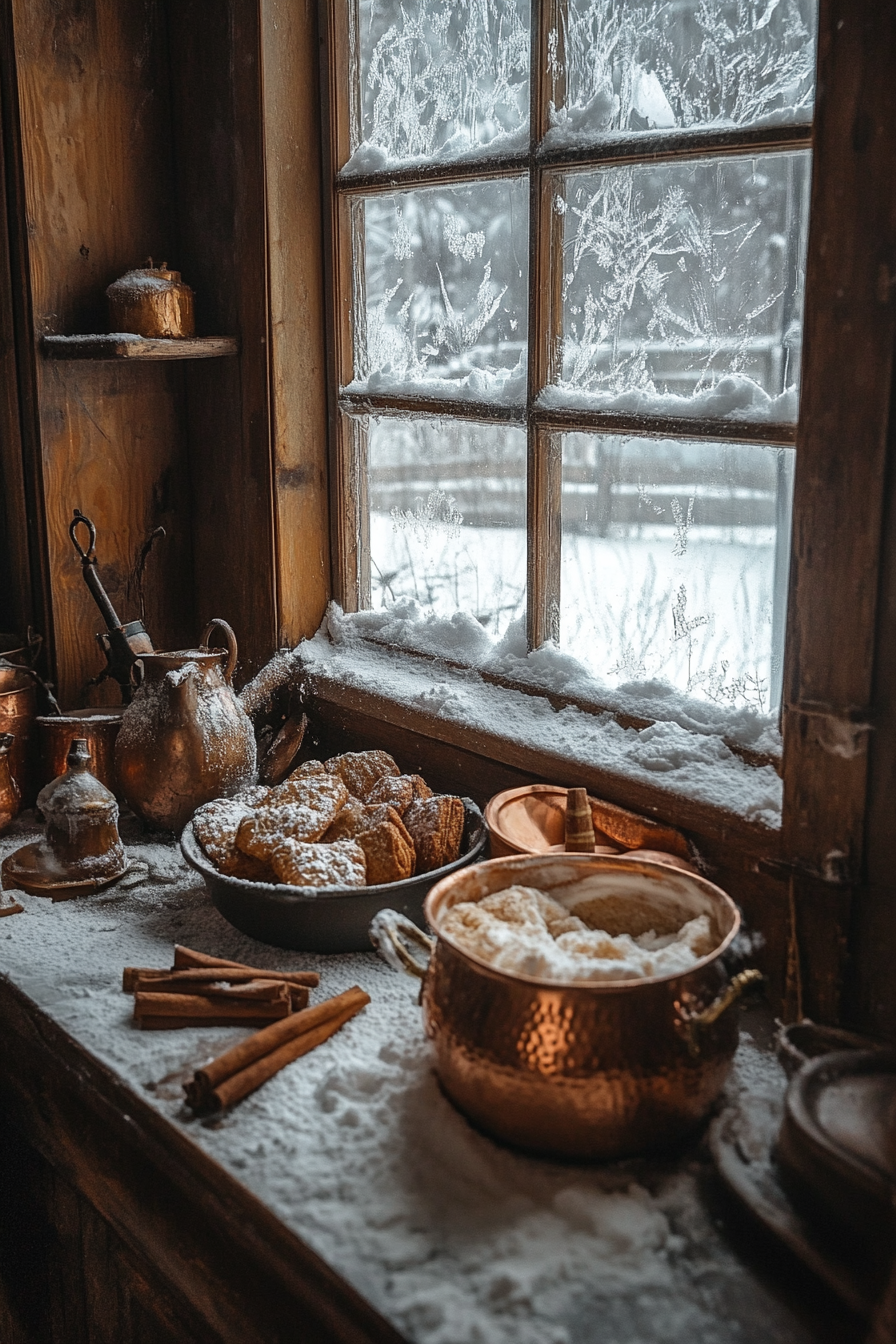 Wide angle view. Gingerbread-making, copper pots, unraveling cinnamon bundles, snowflakes gusting outside the frosted window.