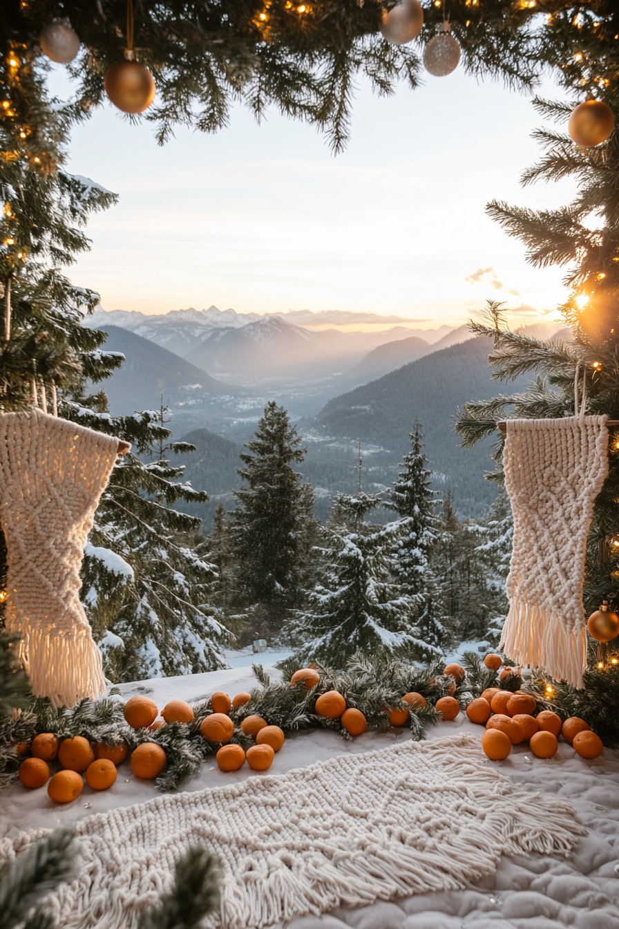 Wide angle holiday space. Macramé stockings, dried orange garlands, mountain sunset view.