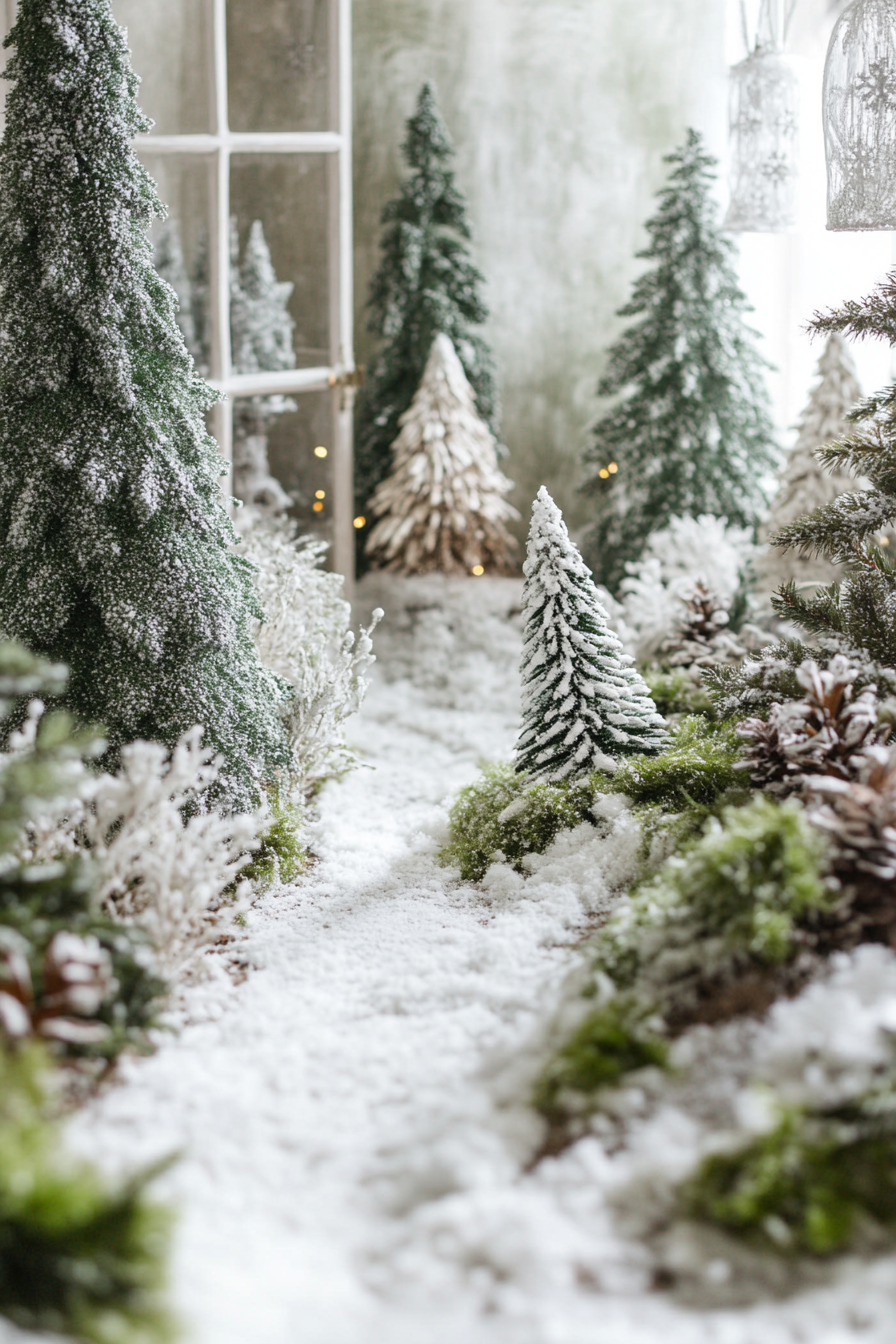 Wide angle holiday space. Snowy pines, moss details, woodland decorations.