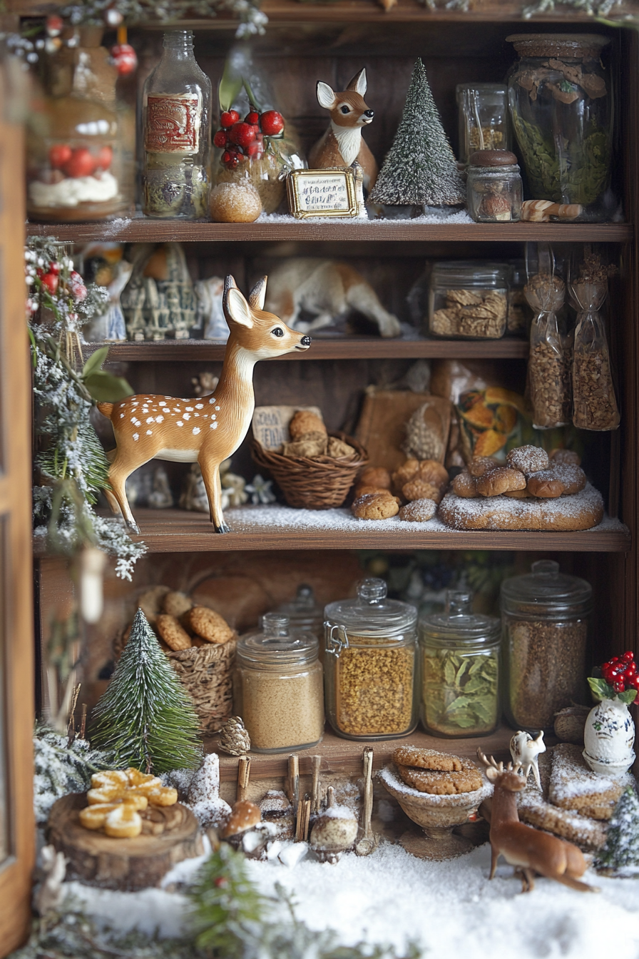 Holiday baking scene. Wide-angle view featuring a spice storage, cookie station, snowy deer meadow.