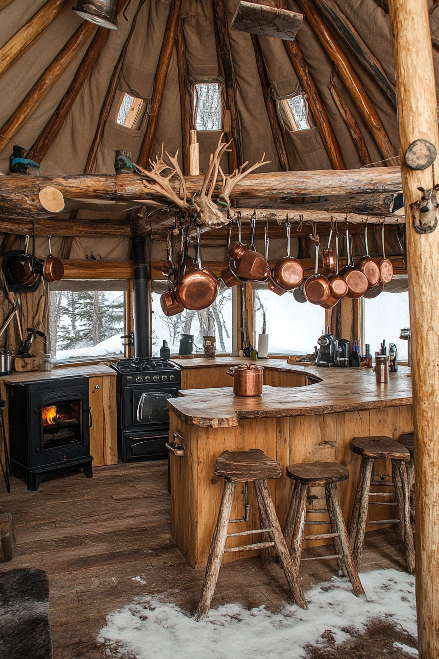 Alpine-Style Yurt Kitchen. Wood stove, deer antler chairs, copper pots hanging from rough wooden beams.