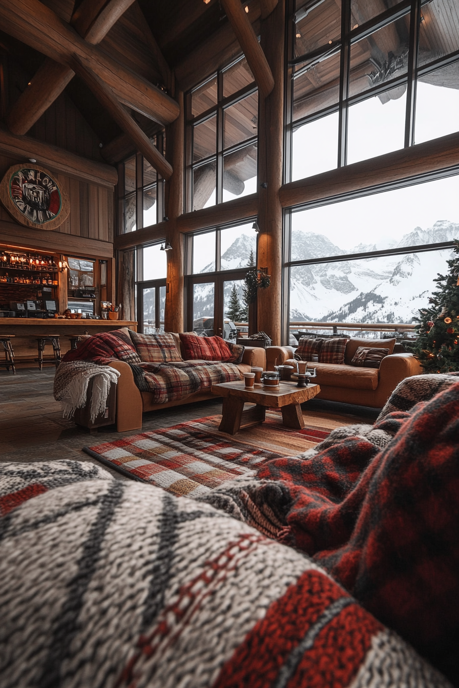 Wide angle ski lodge interior. Wool blankets, hot cocoa station, view of snow-capped peaks.