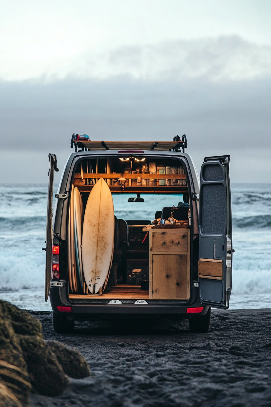 Beachy van setup. Van with surfboard racks, outdoor shower on black sand, amid waves.