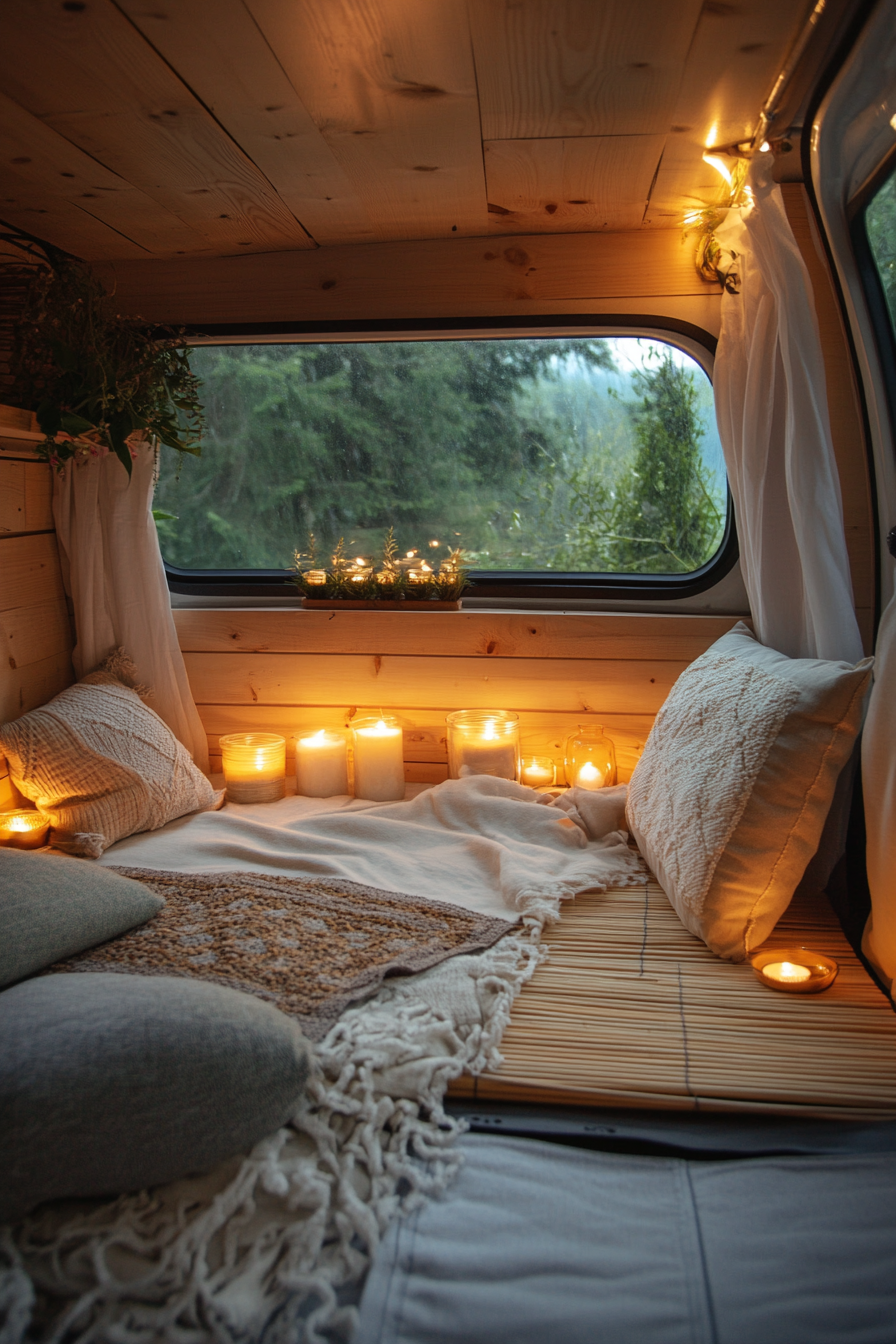 Zen-style van meditation room. Bamboo mat, floor cushion, wax-all candles