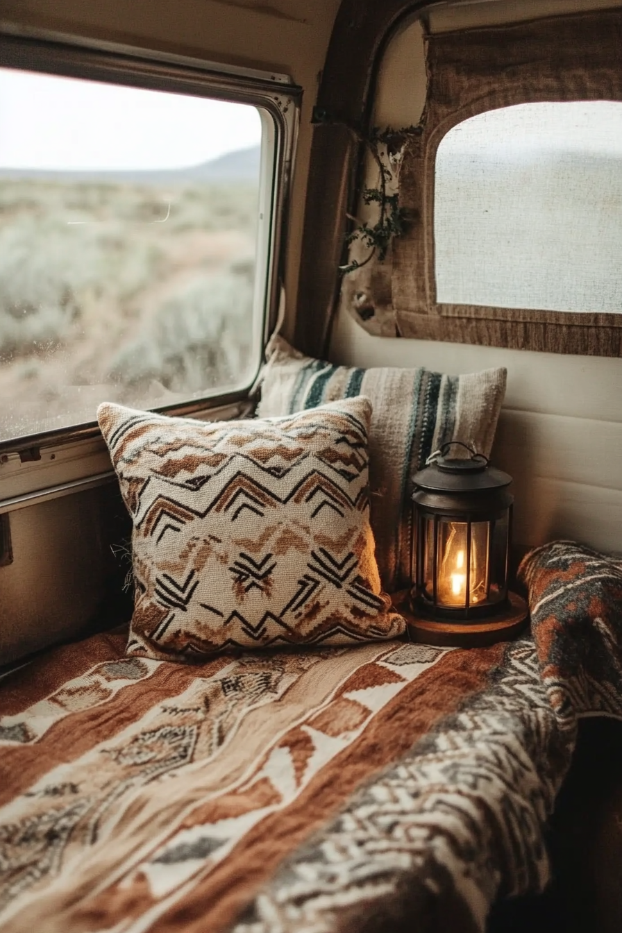 Desert-Boho camper reading corner. Southwest woven blanket, rustic floor lantern, chevron cushion.