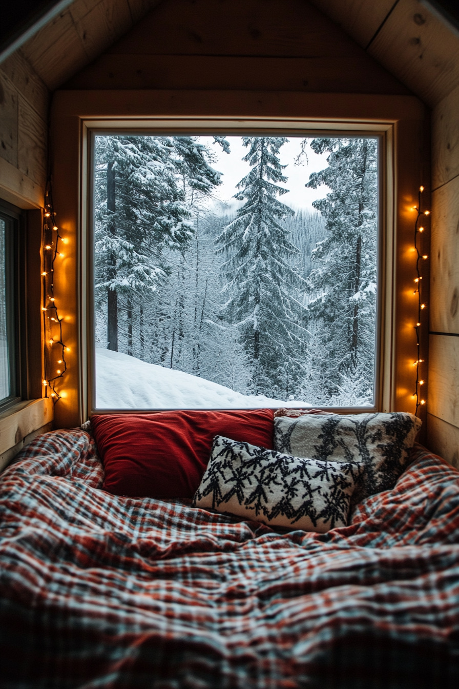 Festive sleeping nook. Flannel bedding with string lights, wide-angle winter wonderland view outside.