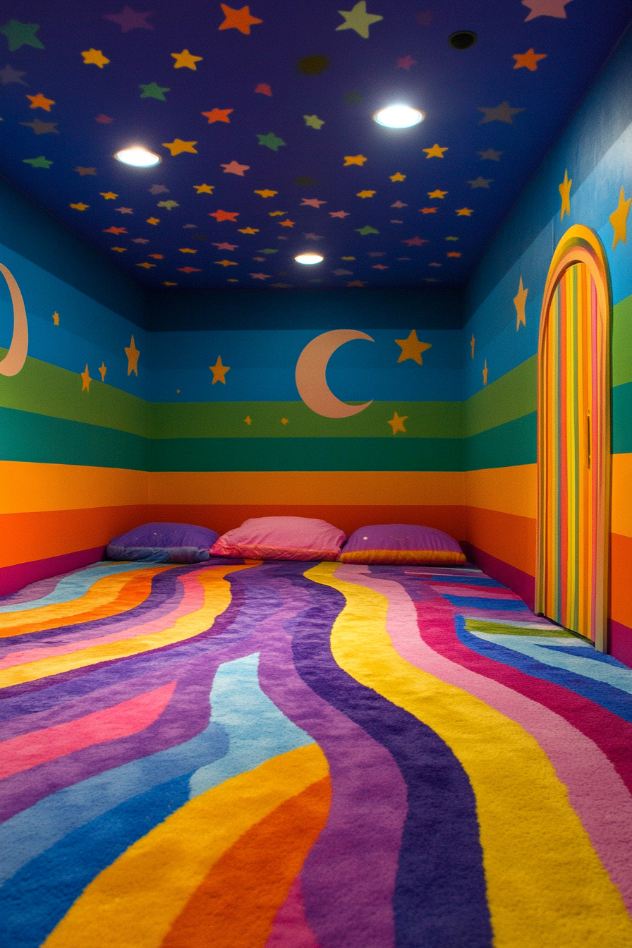 Wide angle view. Baby space with cheerful rainbow stripes and amusing moon and star patterns.