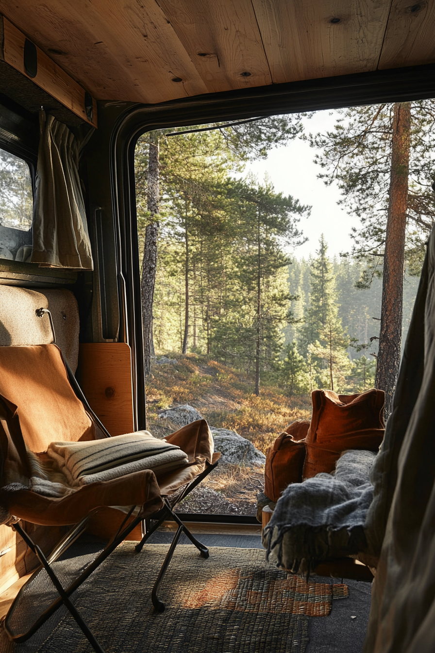 Woodland-style van lounge. Pine panelling, canvas camp chairs near windshield showcasing rich forest scenery.