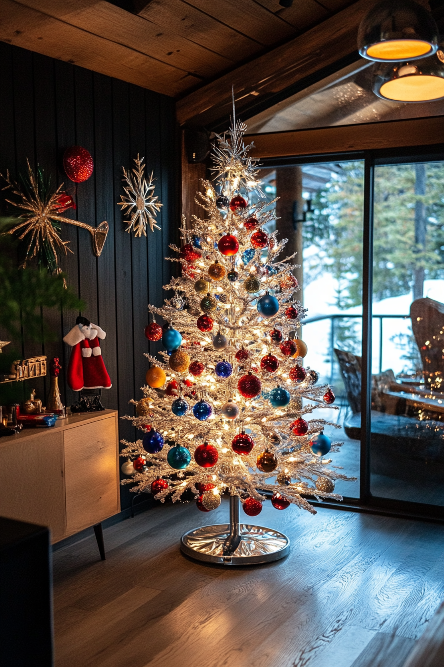 Holiday interior, wide angle. Aluminum tree by frozen lake with classic retro ornaments.