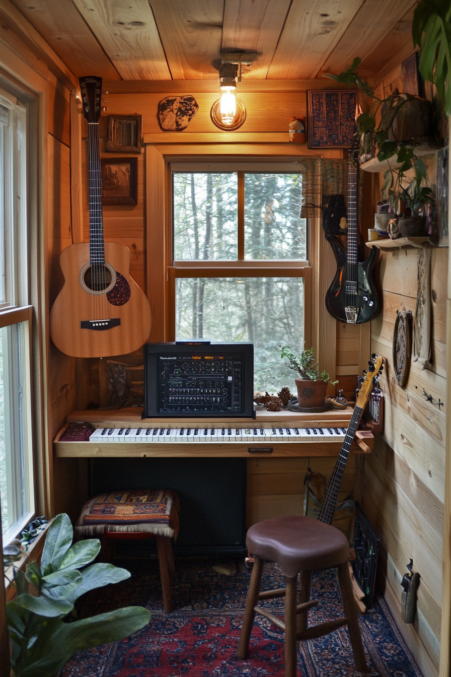 Tiny music room. Woodland-style with mounted keyboard and wall-hung guitar, fully sound-proofed.