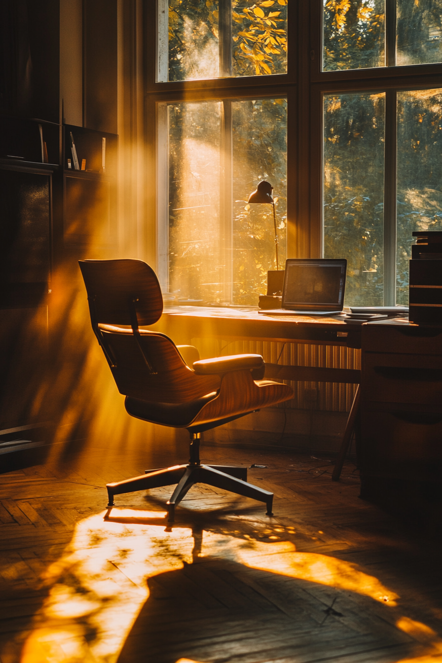 Wide Angle view. Mobile workspace with vintage Eames chair under dramatic golden spotlight.