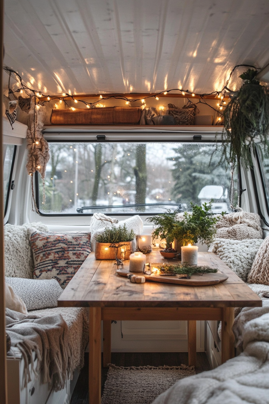 Scandinavian camper lounge. Teak table, wool throws, amber fairy lights.