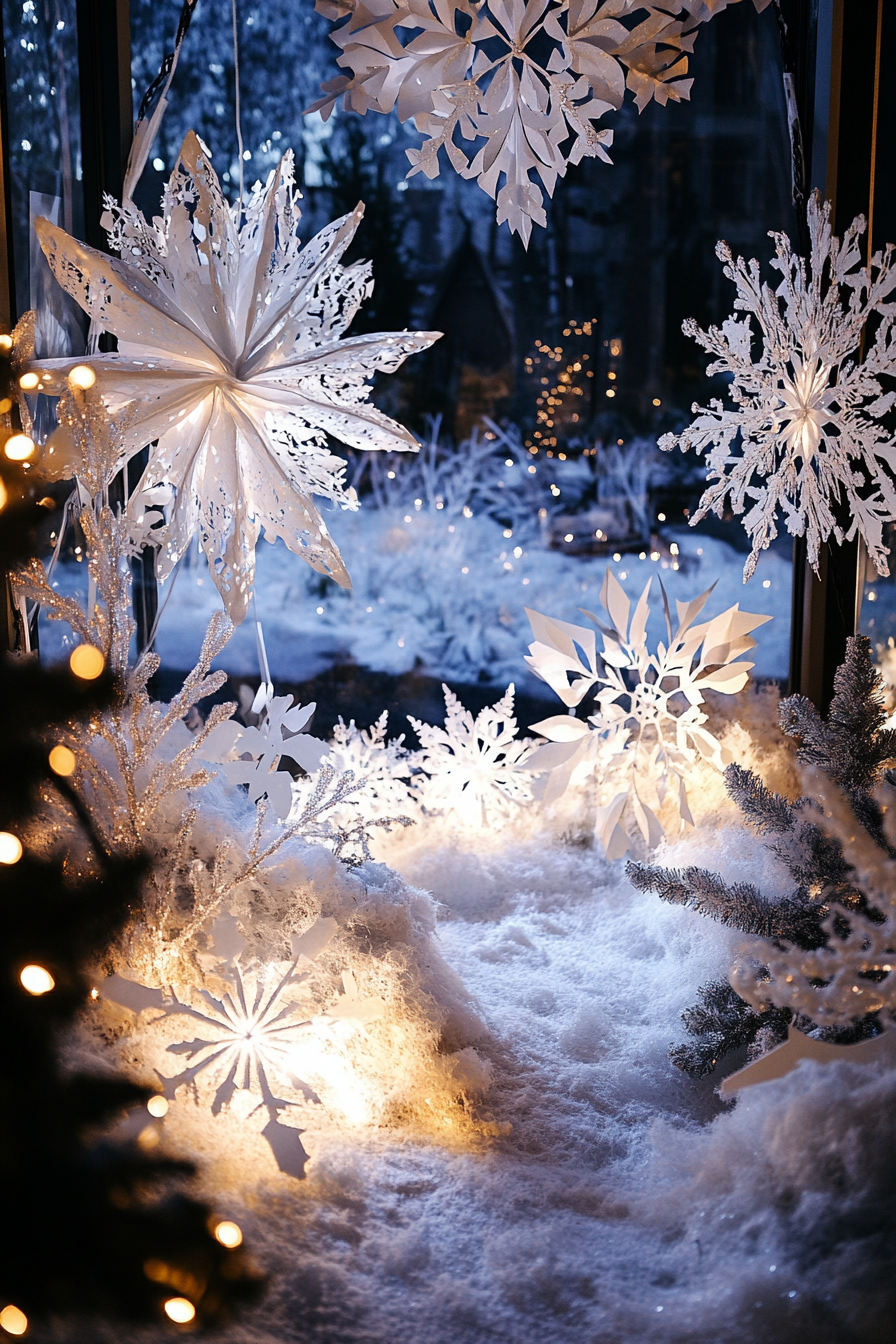 Wide angle view of Christmas décor. White lights, paper snowflakes, frost-covered valley.