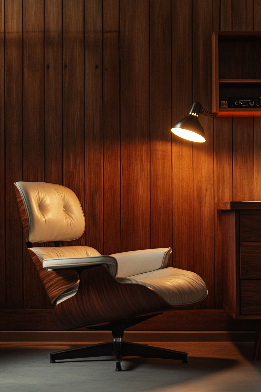 Wide angle workspace. Vintage Eames chair under dramatic spotlight against walnut paneling backdrop.